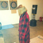 Desiree Capuano in bath robe, hanging in the garage where they smoked meth